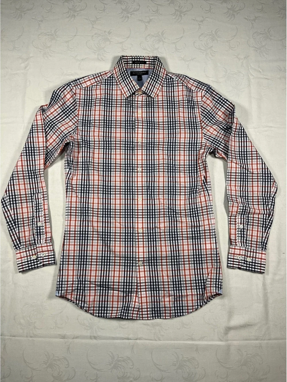Banana Republic Mens Plaid Dress Shirt Black Red Grant Fit Sz Small 100% Cotton